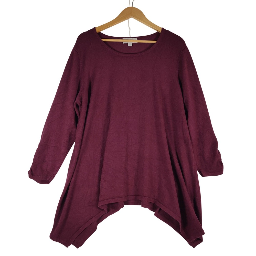 Carolyn Taylor Woman Burgundy Sharkbite Tunic Knit Top 2X Long Sleeve Crewneck